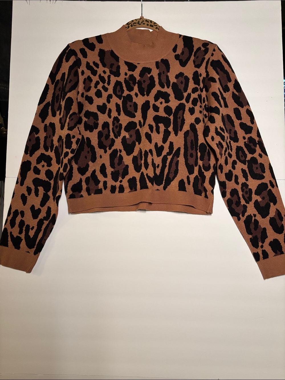 Paris Hilton Leopard Print Mock Neck Sweater - Tan/Black
